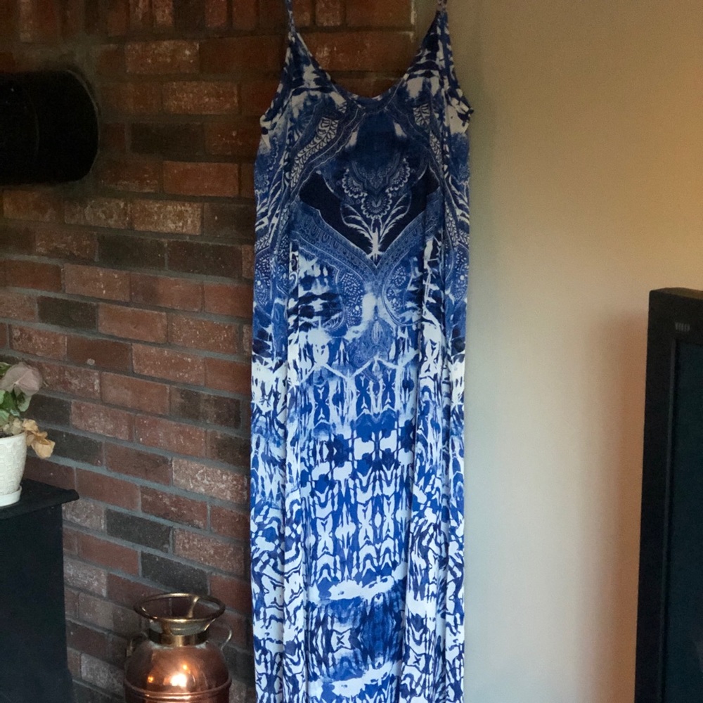 Express spaghetti strap blue and white maxi dress